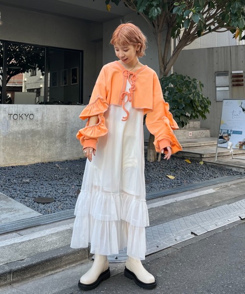 HELLO.SANFRANCISCO（ハローサンフランシスコ）の「【HELLO.SANFRANCISCO/ハローサンフランシスコ】2WAYカットアウトフリルカーデ（カーディガン/ボレロ・レディース・パープル/オレンジ/グレー・FREE）」の14枚目の写真