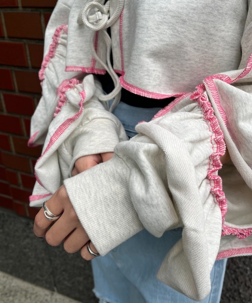 HELLO.SANFRANCISCO（ハローサンフランシスコ）の「【HELLO.SANFRANCISCO/ハローサンフランシスコ】2WAYカットアウトフリルカーデ（カーディガン/ボレロ・レディース・パープル/オレンジ/グレー・FREE）」の7枚目の写真