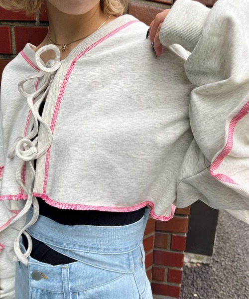 HELLO.SANFRANCISCO（ハローサンフランシスコ）の「【HELLO.SANFRANCISCO/ハローサンフランシスコ】2WAYカットアウトフリルカーデ（カーディガン/ボレロ・レディース・パープル/オレンジ/グレー・FREE）」の5枚目の写真