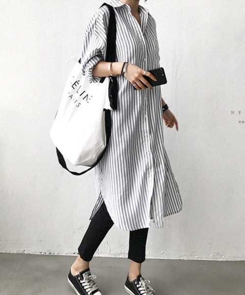 Futier land(フューティアランド)の「ストライプロングシャツ(シャツワンピース・レディース・ブルー/ブラック・MEDIUM)」の2枚目の写真