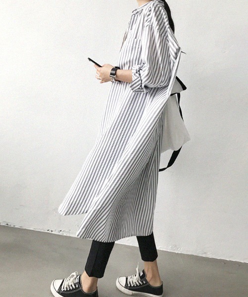 Futier land(フューティアランド)の「ストライプロングシャツ(シャツワンピース・レディース・ブルー/ブラック・MEDIUM)」の3枚目の写真