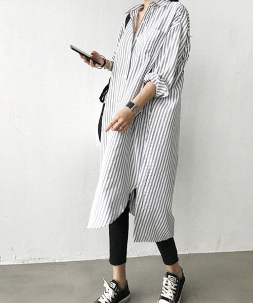 Futier land(フューティアランド)の「ストライプロングシャツ(シャツワンピース・レディース・ブルー/ブラック・MEDIUM)」の9枚目の写真