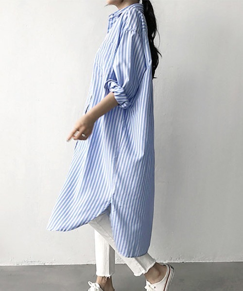 Futier land(フューティアランド)の「ストライプロングシャツ(シャツワンピース・レディース・ブルー/ブラック・MEDIUM)」の14枚目の写真