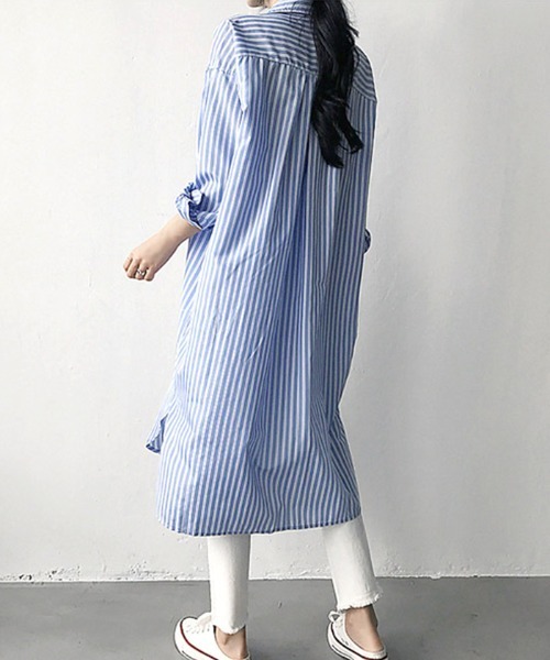 Futier land(フューティアランド)の「ストライプロングシャツ(シャツワンピース・レディース・ブルー/ブラック・MEDIUM)」の11枚目の写真