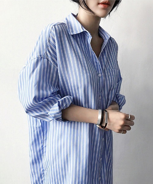 Futier land(フューティアランド)の「ストライプロングシャツ(シャツワンピース・レディース・ブルー/ブラック・MEDIUM)」の13枚目の写真