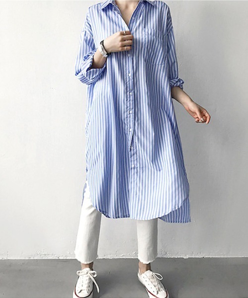 Futier land(フューティアランド)の「ストライプロングシャツ(シャツワンピース・レディース・ブルー/ブラック・MEDIUM)」の10枚目の写真