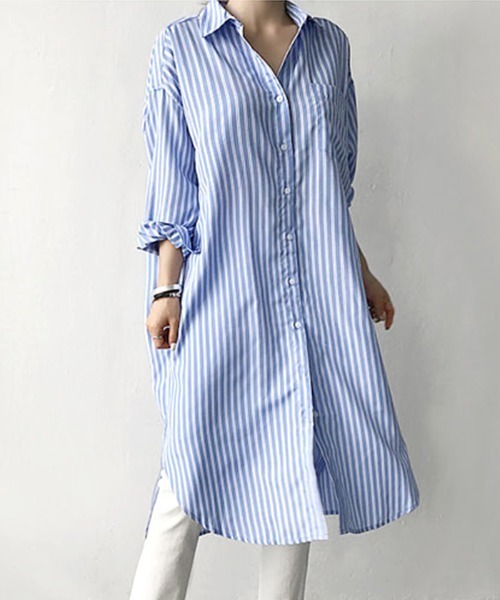 Futier land(フューティアランド)の「ストライプロングシャツ(シャツワンピース・レディース・ブルー/ブラック・MEDIUM)」の8枚目の写真