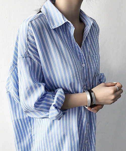Futier land(フューティアランド)の「ストライプロングシャツ(シャツワンピース・レディース・ブルー/ブラック・MEDIUM)」の5枚目の写真