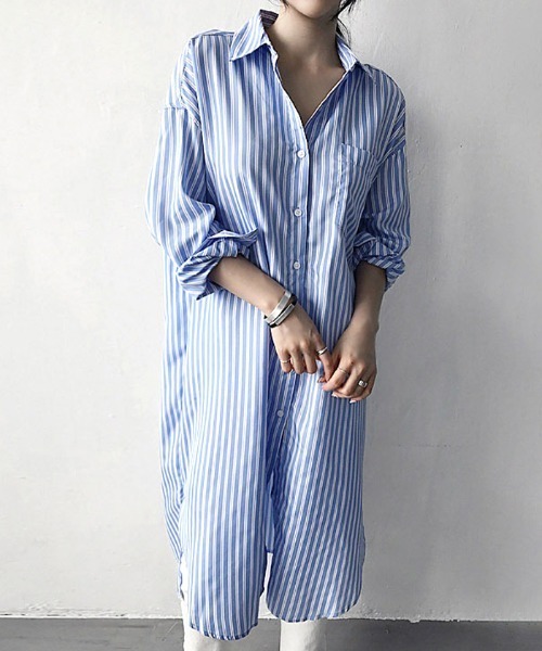 Futier land(フューティアランド)の「ストライプロングシャツ(シャツワンピース・レディース・ブルー/ブラック・MEDIUM)」の7枚目の写真