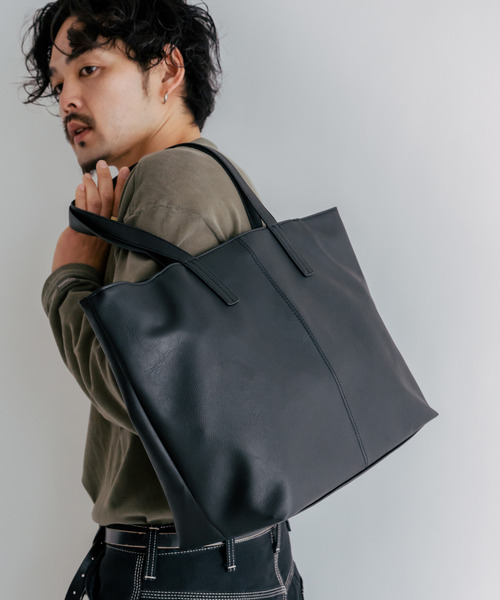 セール】合皮 両あおり シンプル センター 刺繍 デザイン トートバッグ