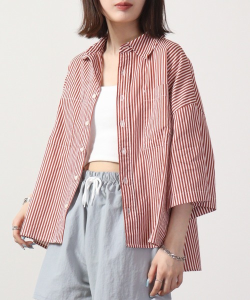 lil nina（リルニーナ）の「lil nina オーバー半袖シャツ ストライププリント（シャツ/ブラウス・レディース・ネイビー×ホワイト/エンジ/パープル系・FREE）」の3枚目の写真