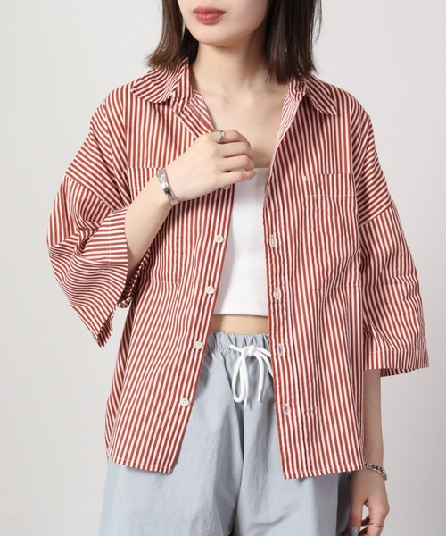 lil nina（リルニーナ）の「lil nina オーバー半袖シャツ ストライププリント（シャツ/ブラウス・レディース・ネイビー×ホワイト/エンジ/パープル系・FREE）」の6枚目の写真