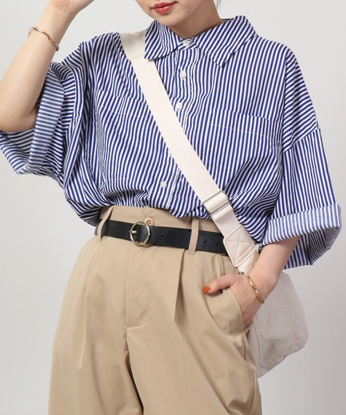 lil nina（リルニーナ）の「lil nina オーバー半袖シャツ ストライププリント（シャツ/ブラウス・レディース・ネイビー×ホワイト/エンジ/パープル系・FREE）」の19枚目の写真