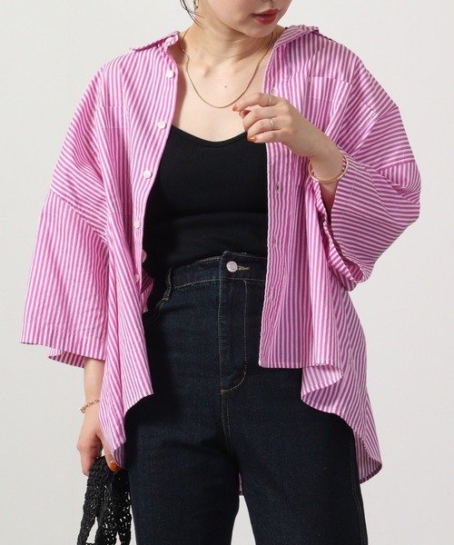 lil nina（リルニーナ）の「lil nina オーバー半袖シャツ ストライププリント（シャツ/ブラウス・レディース・ネイビー×ホワイト/エンジ/パープル系・FREE）」の11枚目の写真