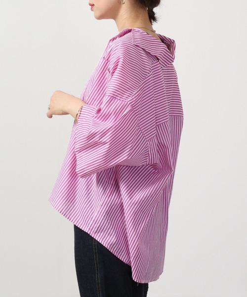 lil nina（リルニーナ）の「lil nina オーバー半袖シャツ ストライププリント（シャツ/ブラウス・レディース・ネイビー×ホワイト/エンジ/パープル系・FREE）」の10枚目の写真