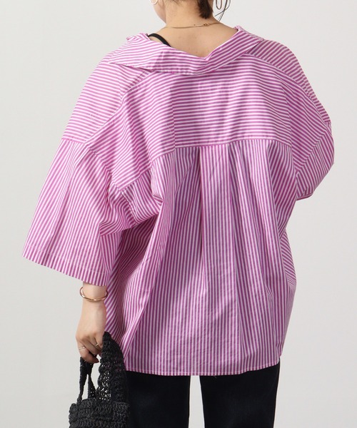 lil nina（リルニーナ）の「lil nina オーバー半袖シャツ ストライププリント（シャツ/ブラウス・レディース・ネイビー×ホワイト/エンジ/パープル系・FREE）」の9枚目の写真