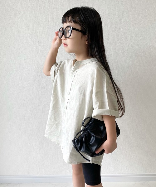 CIAOPANIC TYPY(チャオパニックティピー)の「【KIDS】ウォッシャブルリネンレーヨンバンドカラーハーフスリーブビッグシャツ(シャツ/ブラウス・キッズ・ベージュ系その他/ピンク/オレンジ/ネイビー/ブルー・S/M/L/XL/XXL)」の2枚目の写真