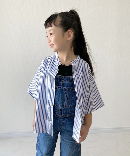CIAOPANIC TYPY(チャオパニックティピー)の「【KIDS】ウォッシャブルリネンレーヨンバンドカラーハーフスリーブビッグシャツ(シャツ/ブラウス・キッズ・ベージュ系その他/ピンク/オレンジ/ネイビー/ブルー・S/M/L/XL/XXL)」の3枚目の写真
