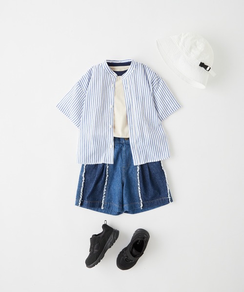 CIAOPANIC TYPY(チャオパニックティピー)の「【KIDS】ウォッシャブルリネンレーヨンバンドカラーハーフスリーブビッグシャツ(シャツ/ブラウス・キッズ・ベージュ系その他/ピンク/オレンジ/ネイビー/ブルー・S/M/L/XL/XXL)」の7枚目の写真