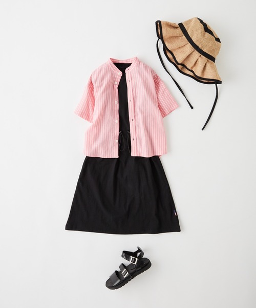CIAOPANIC TYPY(チャオパニックティピー)の「【KIDS】ウォッシャブルリネンレーヨンバンドカラーハーフスリーブビッグシャツ(シャツ/ブラウス・キッズ・ベージュ系その他/ピンク/オレンジ/ネイビー/ブルー・S/M/L/XL/XXL)」の9枚目の写真