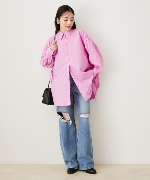 タグ付き未使用*23区 リネン ブルーオーバーシャツ ウエストリボン ピンク タグ付き未使用*23区 リネン ブルーオーバーシャツ ウエストリボン ピンク