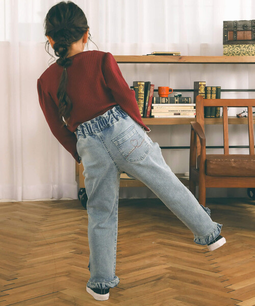 SLAP SLIP（スラップスリップ）の「らくのび裾フリルハートプリントストレッチデニムパンツ(90~130cm)（デニムパンツ・キッズ・ネイビー/ブルー・110cm/120cm/130cm/100cm/90cm）」の8枚目の写真