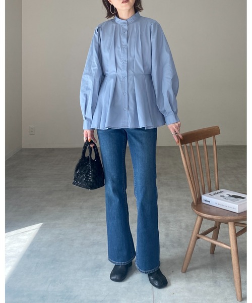 セール】スタンドカラーウエストタック長袖パフスリーブフレアペプラム