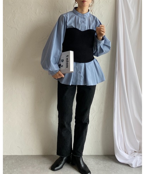 セール】スタンドカラーウエストタック長袖パフスリーブフレアペプラム