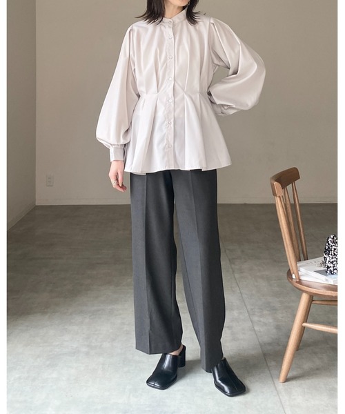 セール】スタンドカラーウエストタック長袖パフスリーブフレアペプラム