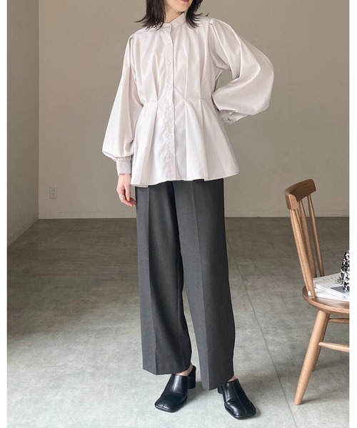 セール】スタンドカラーウエストタック長袖パフスリーブフレアペプラム
