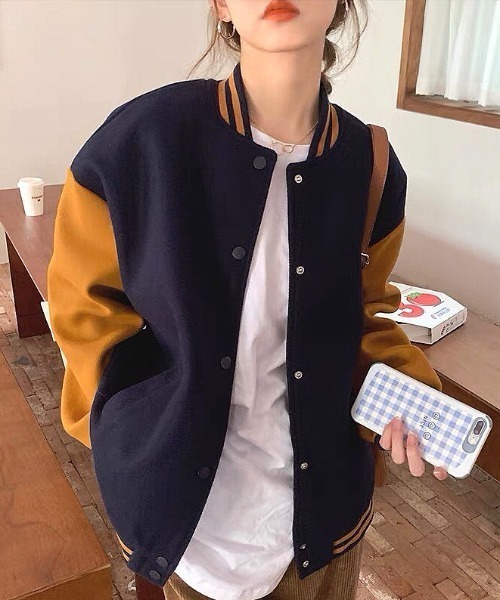 SHEENA(シーナ)の「オーバーサイズスウェットスタジャン(スタジャン・レディース・ネイビー/ワインレッド・M)」の18枚目の写真