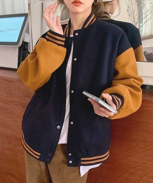 SHEENA(シーナ)の「オーバーサイズスウェットスタジャン(スタジャン・レディース・ネイビー/ワインレッド・M)」の19枚目の写真