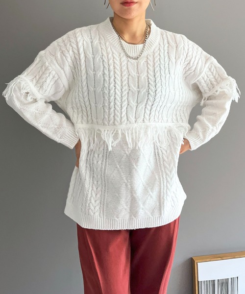 Jewelobe（ジュエローブ）の「マルチケーブルフリンジオーバーニットプルオーバー（ニット/セーター・レディース・ホワイト/ブラック/ホワイト×ブラック/グレー・FREE）」の7枚目の写真