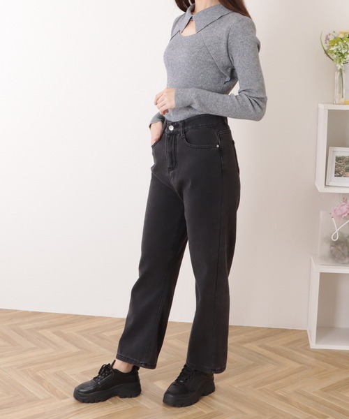 Lace Ladies（レースレディース）の「裏シャギーハイウエストボリュームデニムパンツ（デニムパンツ・レディース・ブルー/ブラック・L/S/XL/M）」の4枚目の写真