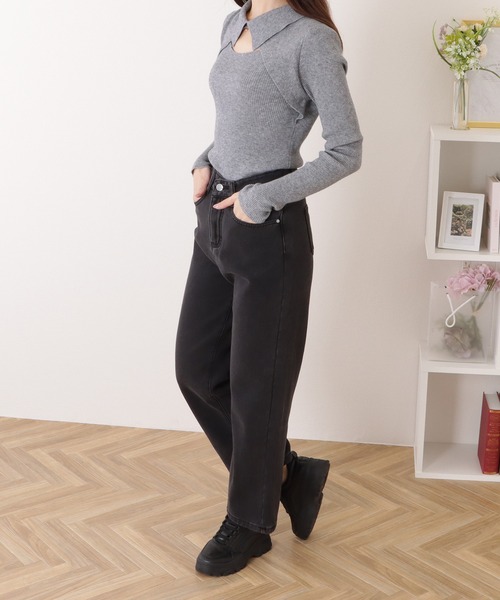Lace Ladies（レースレディース）の「裏シャギーハイウエストボリュームデニムパンツ（デニムパンツ・レディース・ブルー/ブラック・L/S/XL/M）」の6枚目の写真