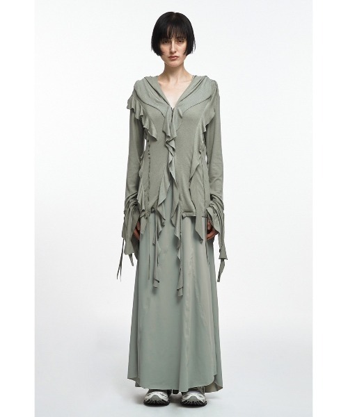 NACHE（ナチェ）の「韓国ブランド NACHE ナチェ RUFFLE HOODIE SHIRT トップス オーバーサイズ フーディー パーカー フード 長袖トップス フリル フリルデザイン（パーカー・レディース・ブラック/ライトグリーン・ONE SIZE）」の11枚目の写真