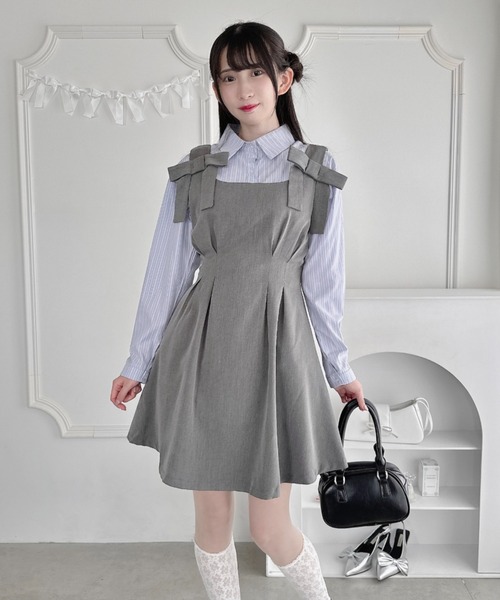 B29.エポカ:M ワンピース ドレス 異素材 ファー リボン Aライン フレア セール】ウエストタックリボンフレアワンピース(ワンピース