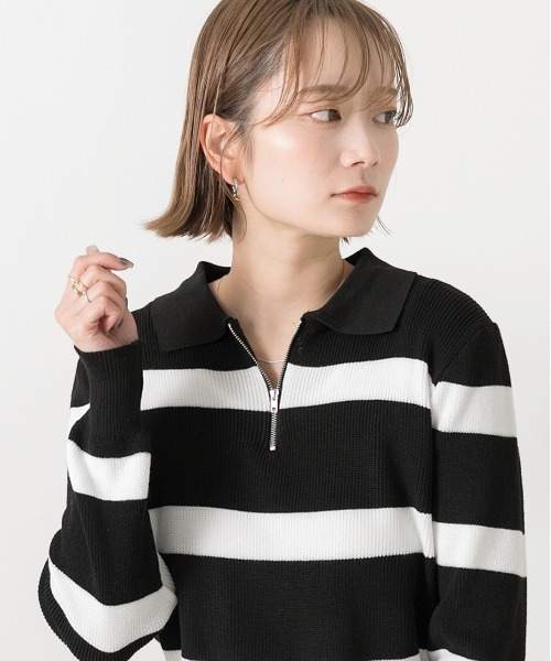 ad thie(アドティエ)の「ハーフジップ ボーダーニット(ニット/セーター・レディース・ブラウン/グレー/アイボリー/ブラック・FREE)」の7枚目の写真