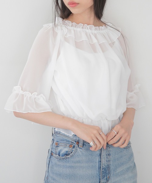 SETUP7(セットアップセブン)の「【SETUP7】シアーシャーリングブラウス SCCH496(Tシャツ/カットソー・レディース・ホワイト/ブラック・FREE)」の1枚目の写真