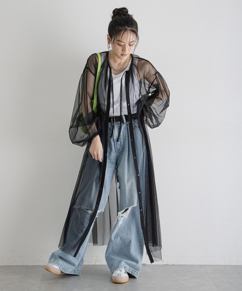 RAGEBLUE（レイジブルー）の「ボリュームスリーブ/チュールシアーギャザーワンピース（ワンピース・レディース・ブラック/ホワイト/ピンク・FREE）」の5枚目の写真