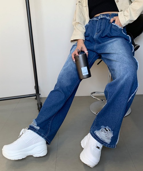 セール】フック付フリンジダメージストレートデニムパンツ（デニム 