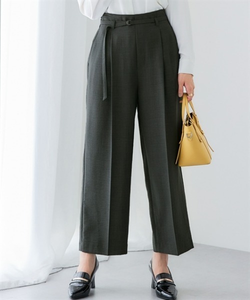 7days Life Styling(セブンデイズライフスタイリング)の「麻調合繊共布ベルト付ワイドパンツ(しわになりにくい・接触冷感・UVカット・洗える)(スラックス・レディース・モカ/ネイビー/ライトベージュ/グリーン/チャコールグレー・S/M/L/LL)」の2枚目の写真