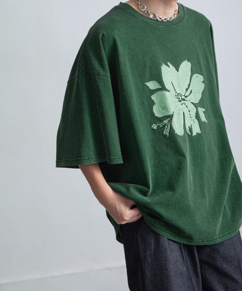 NILWAY(ニルウェイ)の「ピグメントプリント オーバーサイズ 半袖 Tシャツ / ヴィンテージ デザイン ピグメント 半袖 プリントTシャツ(Tシャツ/カットソー・メンズ・グリーン/グリーン系/チャコール/パープル/ホワイト系/オフホワイト/グレー系/パープル系・MEDIUM/LARGE)」の1枚目の写真