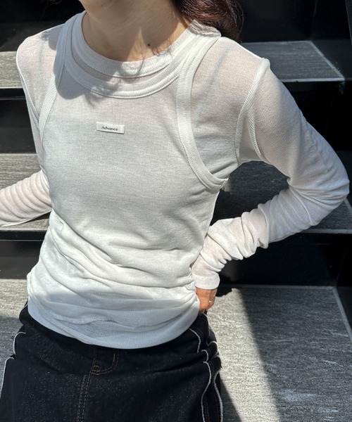 feepur（フェピュール）の「シアーリブタンクセットロンTee（Tシャツ/カットソー・レディース・ブラック/オフホワイト/チャコールグレー・MEDIUM）」の2枚目の写真