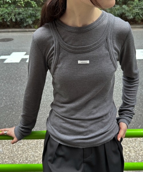 feepur（フェピュール）の「シアーリブタンクセットロンTee（Tシャツ/カットソー・レディース・ブラック/オフホワイト/チャコールグレー・MEDIUM）」の3枚目の写真