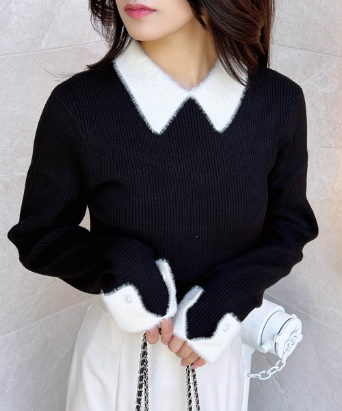 INGNI(イング)の「【WEB限定】配色襟フェザーニット(ニット/セーター・レディース・ホワイト×ブラック/ブラック×ホワイト/グレー系8・M)」の1枚目の写真