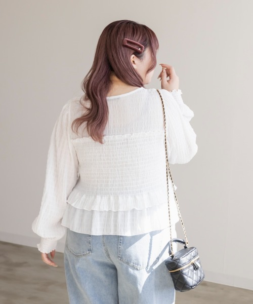 CLETTE（クレット）の「シャーリングリボンブラウス（シャツ/ブラウス・レディース・ブラック/オフホワイト/モカ・LL/3L/4L）」の7枚目の写真
