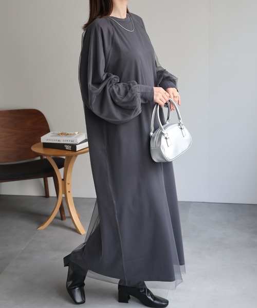 sakishimatokyo(サキシマトーキョー)の「チュールドッキングワンピース/ランタンスリーブ/秋冬(ワンピース・レディース・ブラック/グレー・LARGE/MEDIUM)」の4枚目の写真