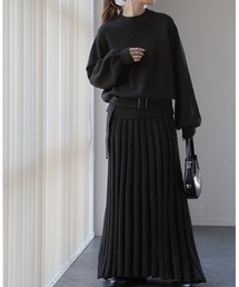 HUG.U(ハグユー)の3点セット ぽわん袖トップス プリーツスカート ベルト ニットセットアップ(セットアップ)