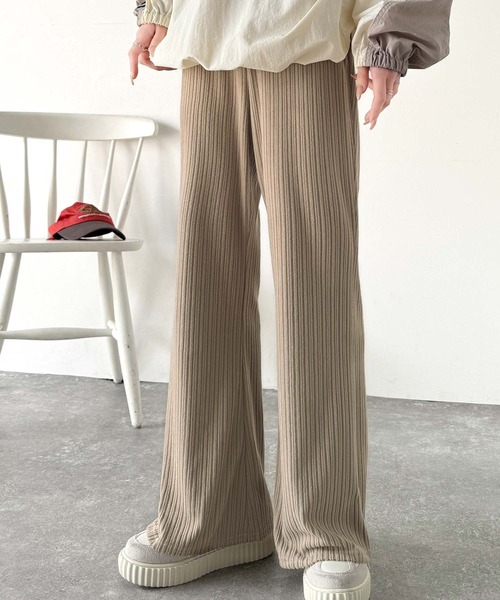 セール】美脚魅せ。ウエストゴム起毛リラックスリブフレアパンツ